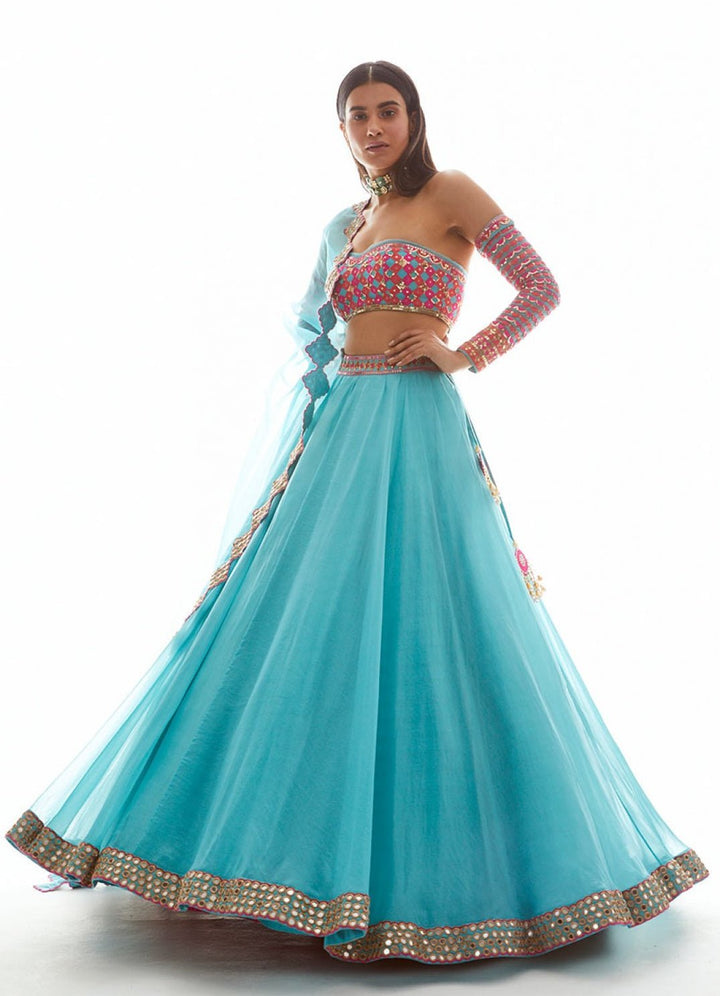 Aqua Blue and Pink Applique Lehenga Set Vvani by Vani Vats - Fabilicious Fashion