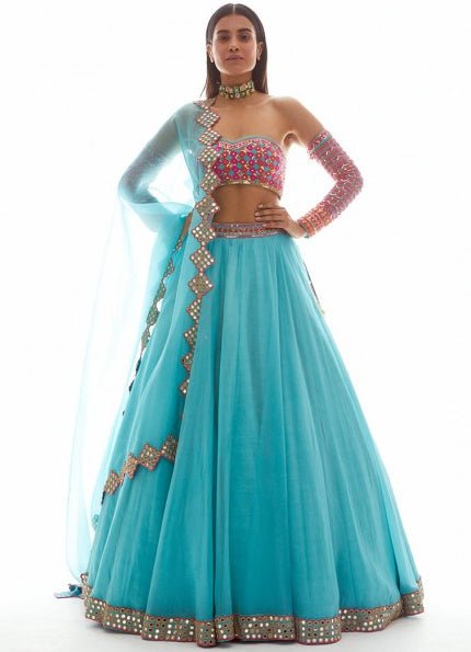 Aqua Blue and Pink Applique Lehenga Set Vvani by Vani Vats - Fabilicious Fashion