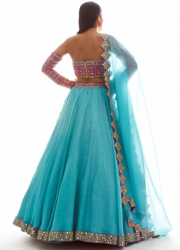 Aqua Blue and Pink Applique Lehenga Set Vvani by Vani Vats - Fabilicious Fashion