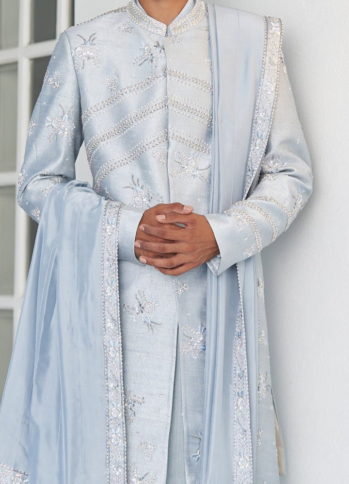Ash Blue Sherwani Set Contrast by Parth - Fabilicious Fashion