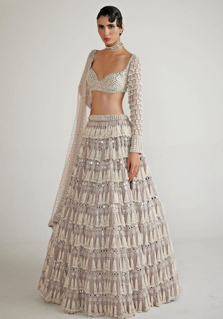 Ash Pink Chandelier Pearl Drop Bridal Lehenga Set Vvani By Vani Vats - Fabilicious Fashion