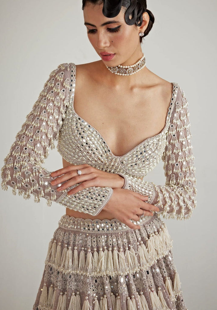 Ash Pink Chandelier Pearl Drop Bridal Lehenga Set Vvani By Vani Vats - Fabilicious Fashion