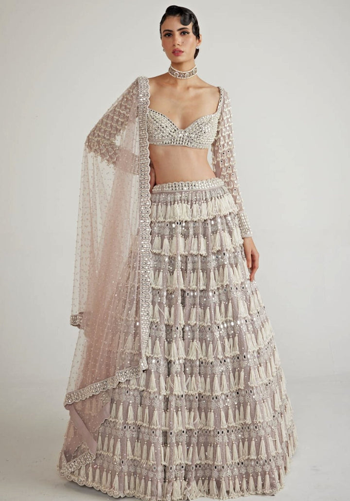 Ash Pink Chandelier Pearl Drop Bridal Lehenga Set Vvani By Vani Vats - Fabilicious Fashion
