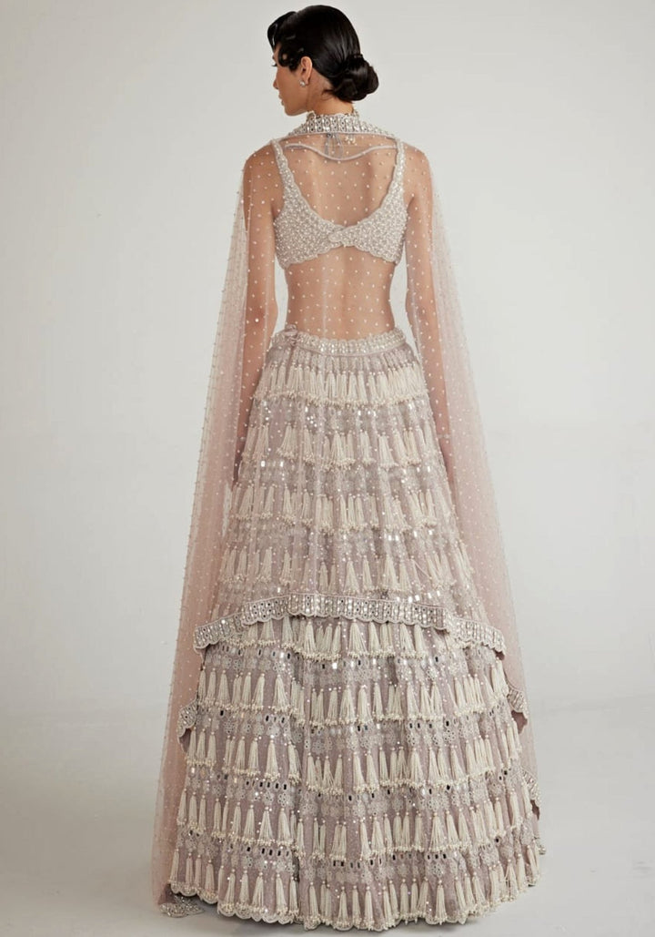 Ash Pink Chandelier Pearl Drop Lehenga Set Vvani By Vani Vats - Fabilicious Fashion
