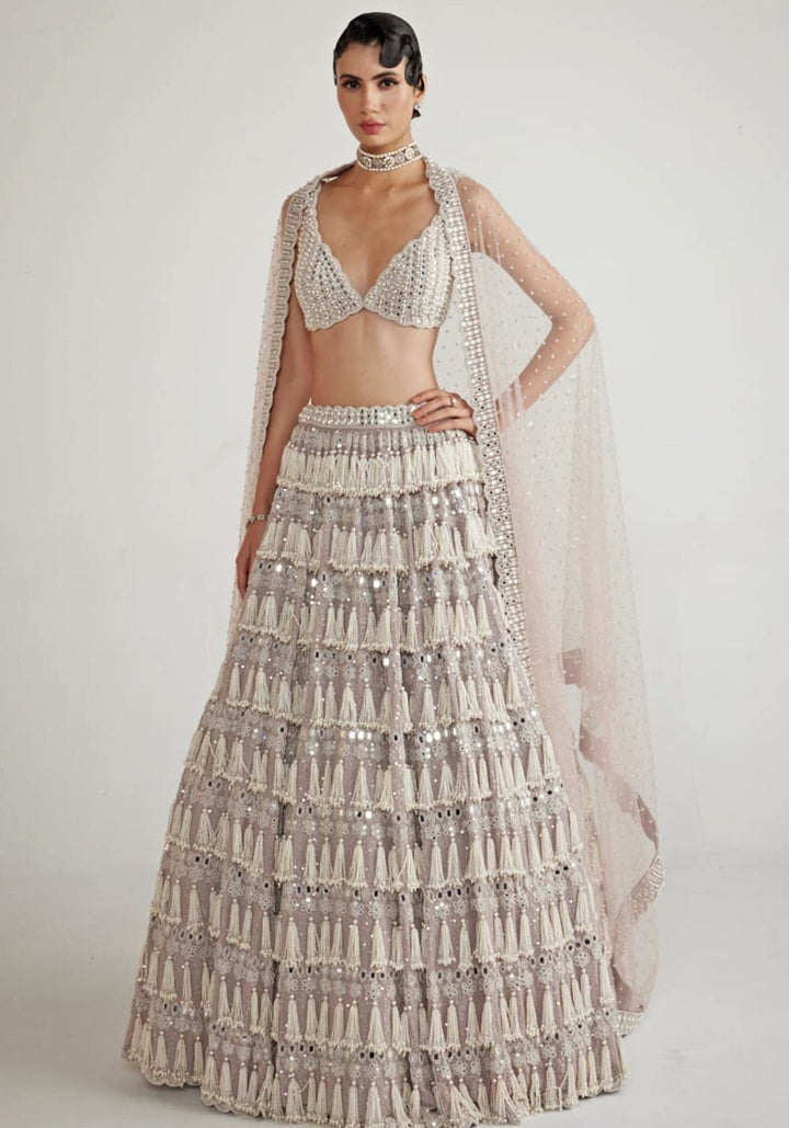 Ash Pink Chandelier Pearl Drop Lehenga Set Vvani By Vani Vats - Fabilicious Fashion
