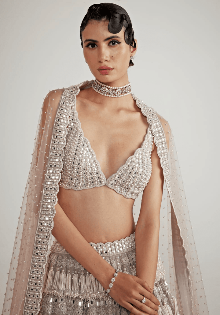 Ash Pink Chandelier Pearl Drop Lehenga Set Vvani By Vani Vats - Fabilicious Fashion
