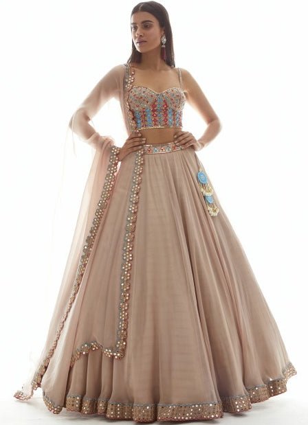 Beige Gold Applique Corset Lehenga Set Vvani by Vani Vats - Fabilicious Fashion