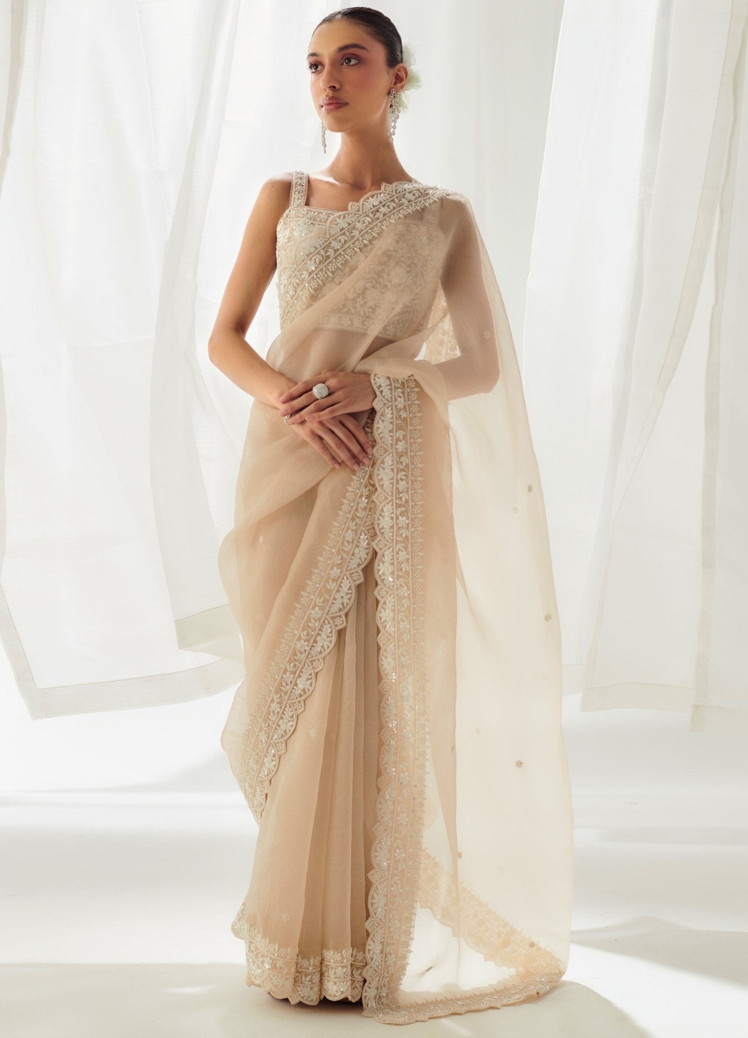 Women's Organza Beige Woven Design Designer Saree With Blouse Piece