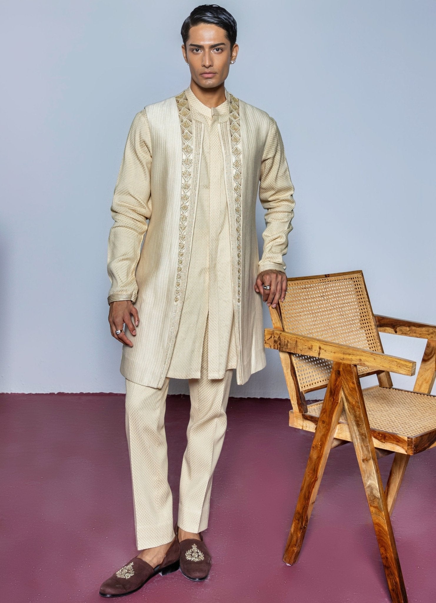 Beige Threadwork Shrug With Kurta Set Contrast By Parth