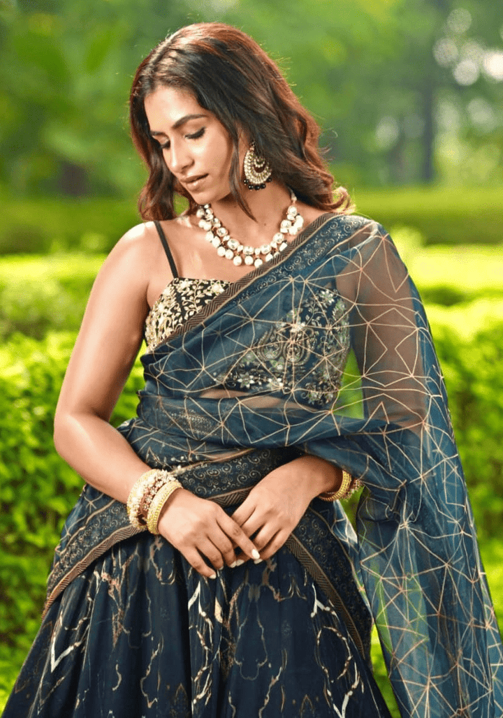 Black and Gold Chiffon Lehenga Set Rashika Sharma - Fabilicious Fashion