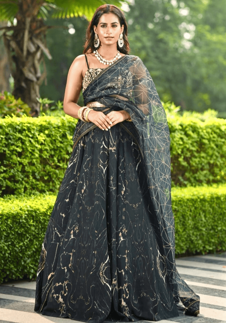 Black and Gold Chiffon Lehenga Set Rashika Sharma - Fabilicious Fashion