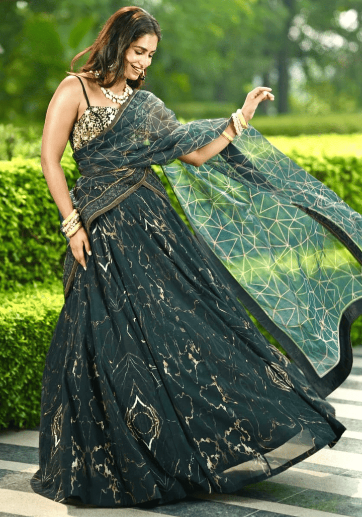 Black and Gold Chiffon Lehenga Set Rashika Sharma - Fabilicious Fashion