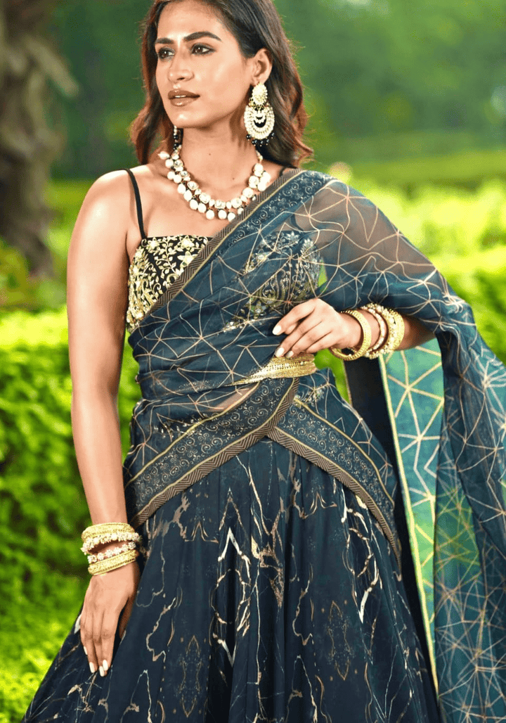 Black and Gold Chiffon Lehenga Set Rashika Sharma - Fabilicious Fashion