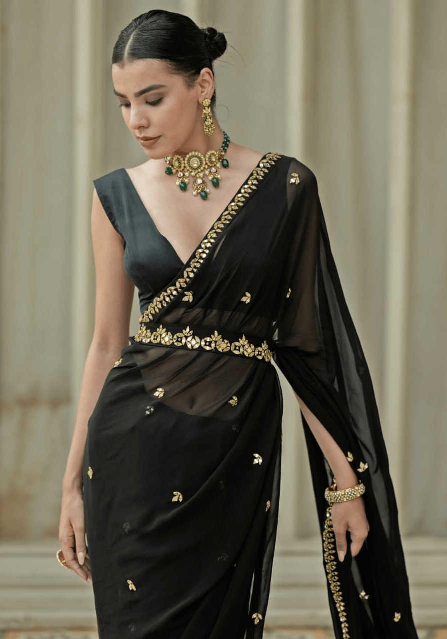 Black And Gold Pre Draped Saree Set Esha Koul- Fabilicious Fashion