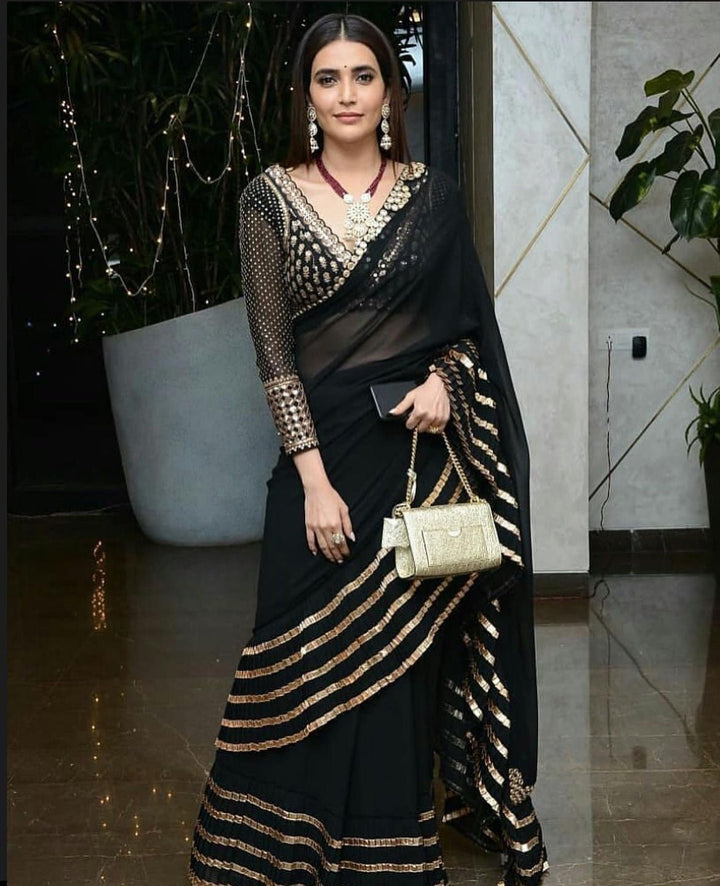 Black And Gold Ruffle Saree Vvani by Vani Vats - Fabilicious Fashion