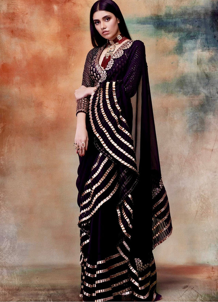 Black And Gold Ruffle Saree Vvani by Vani Vats - Fabilicious Fashion
