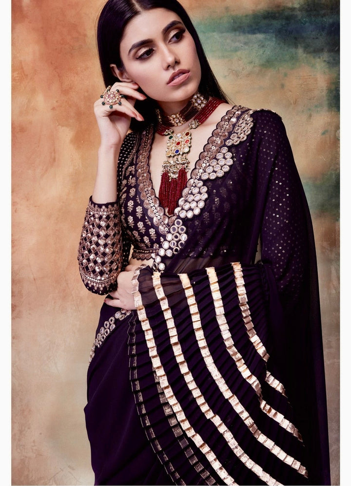 Black And Gold Ruffle Saree Vvani by Vani Vats - Fabilicious Fashion