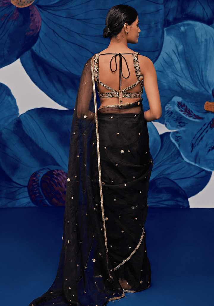 Black And Gold Silk Organza Embroidered Saree Set Zoon Tribe - Fabilicious Fashion
