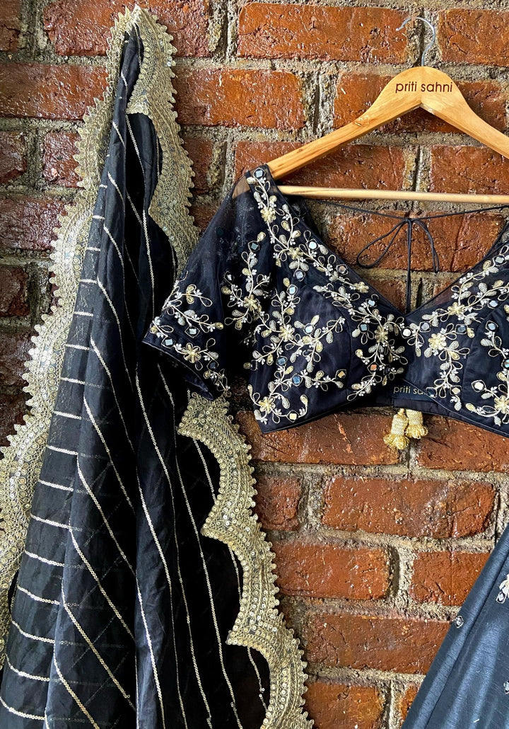 Black and Muted Gold Floral Embroidered Lehenga Priti Sahni - Fabilicious Fashion