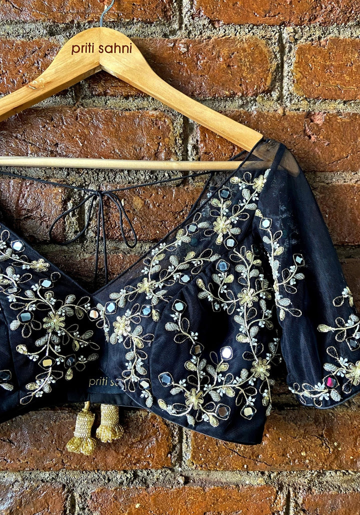 Black and Muted Gold Floral Embroidered Lehenga Priti Sahni - Fabilicious Fashion