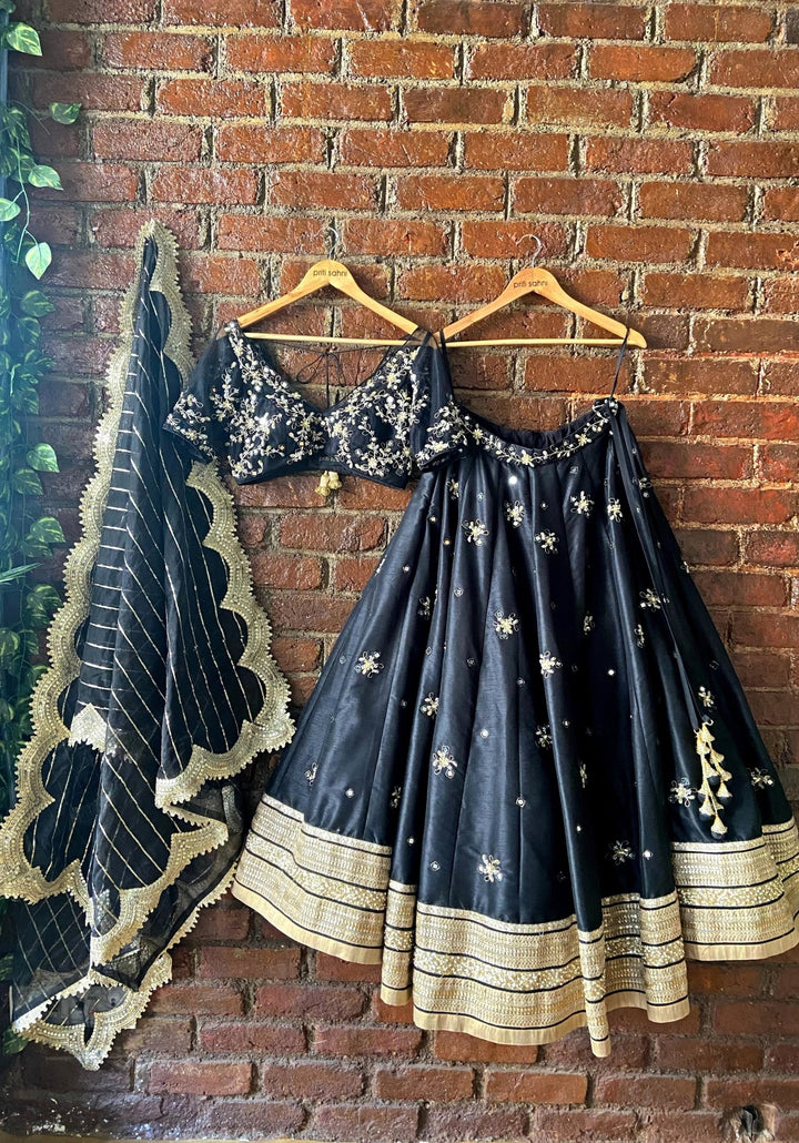 Black and Muted Gold Floral Embroidered Lehenga Priti Sahni - Fabilicious Fashion