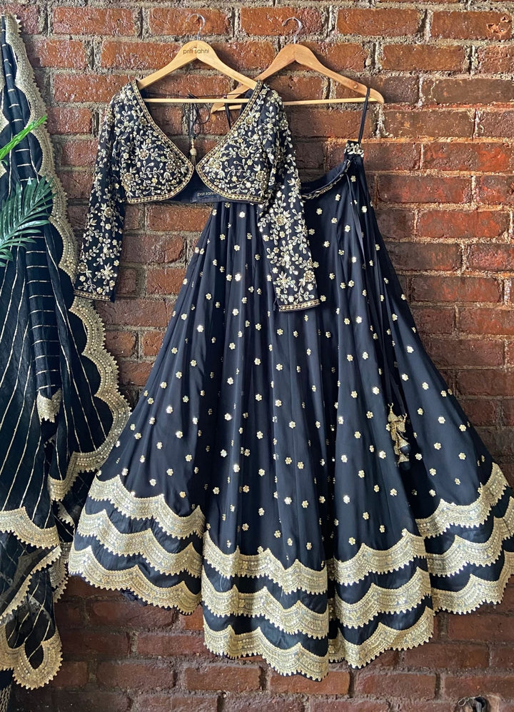 Black Embroidered Full Sleeved Lehenga Set Priti Sahni - Fabilicious Fashion