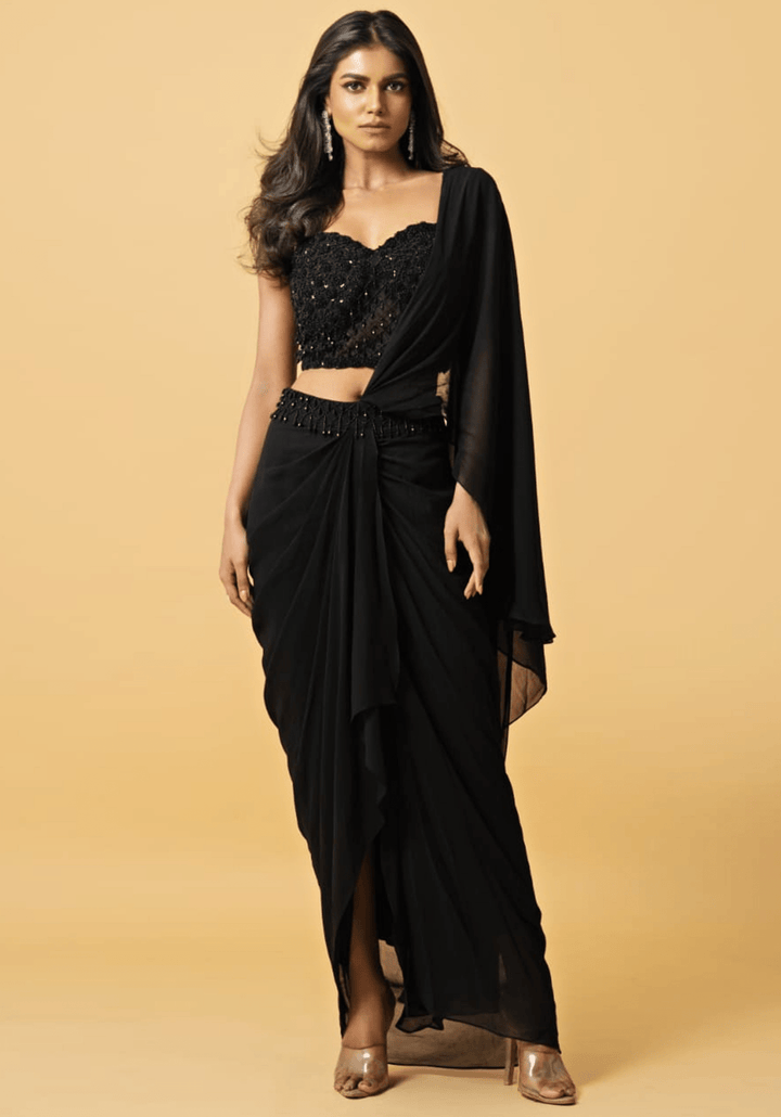Black Embroidered Pre-Stitched Saree Quench A Thirst - Fabilicious Fashion