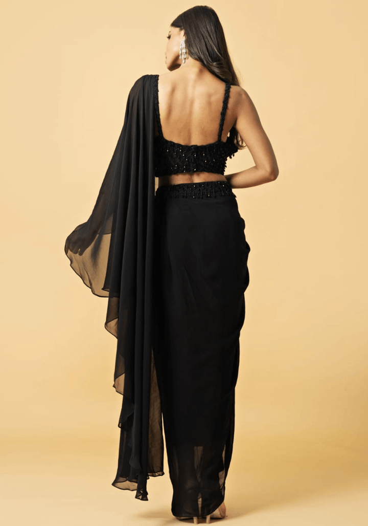 Black Embroidered Pre-Stitched Saree Quench A Thirst - Fabilicious Fashion