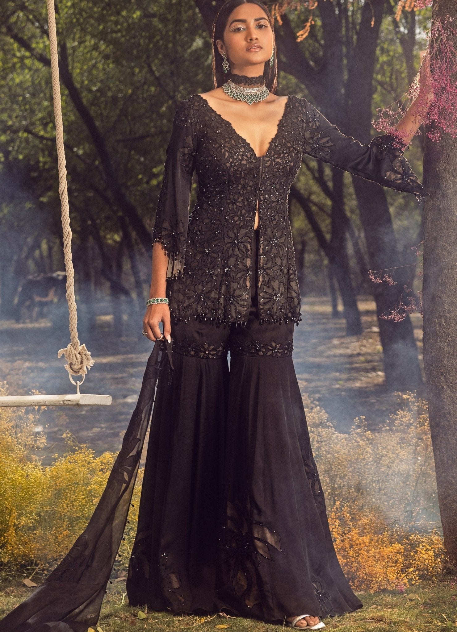Women Black Three-Quarter Sleeves Flared Peplum Kurta And Sharara Set