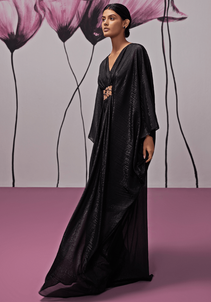 Black Soft Georgette Motif Embroidered Kaftan Zoon Tribe - Fabilicious Fashion