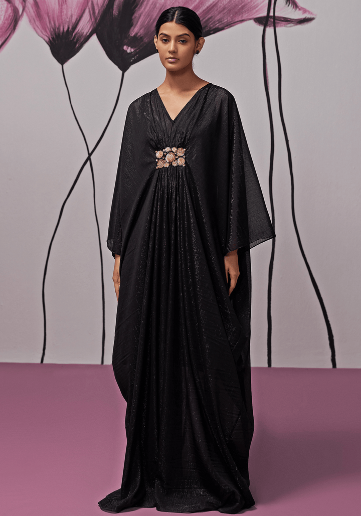 Black Soft Georgette Motif Embroidered Kaftan Zoon Tribe - Fabilicious Fashion