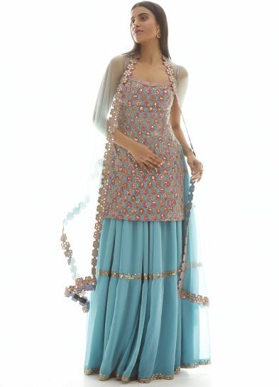 Blue Multi Hued Kurta Sharara set Vvani by Vani Vats - Fabilicious Fashion