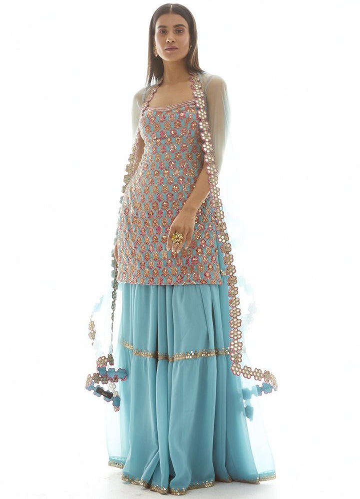 Blue Multi Hued Kurta Sharara set Vvani by Vani Vats - Fabilicious Fashion