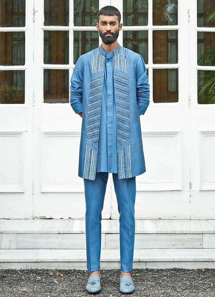 Blue Shrug Set With Metallic Work Contrast by Parth- Fabilicious