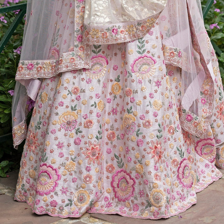 Blush Pink Floral Embroidered Raw Silk Double Dupatta Lehenga Set Angad Singh - Fabilicious Fashion