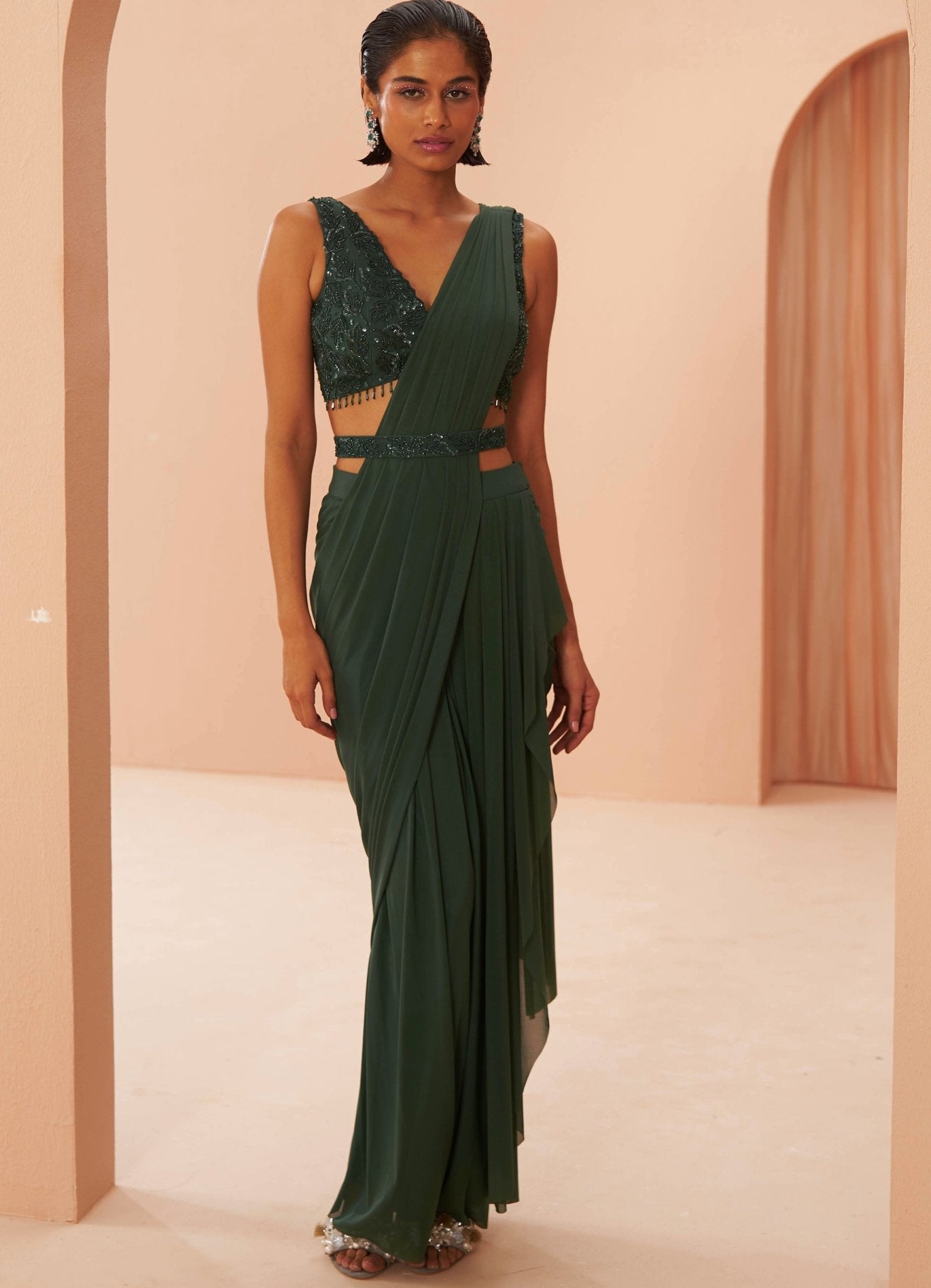 Parul Gandhi — Bottle Green Pre Draped Saree With Leaf Embroidered