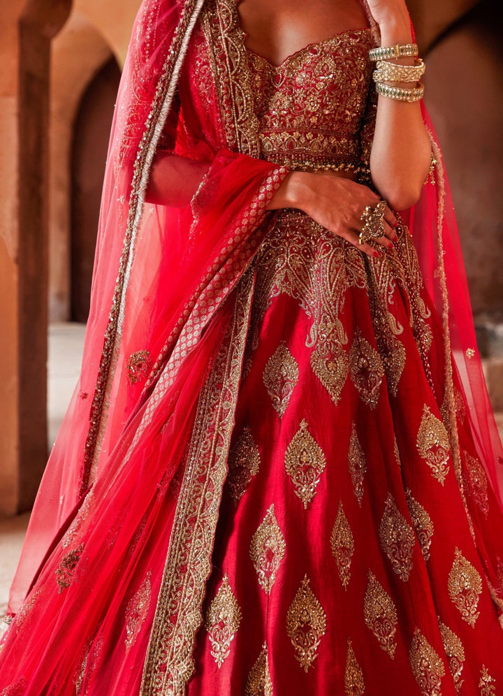 Cardinal Red Bridal Silk Lehenga Set With Gold Work Nitika Gujral - Fabilicious Fashion