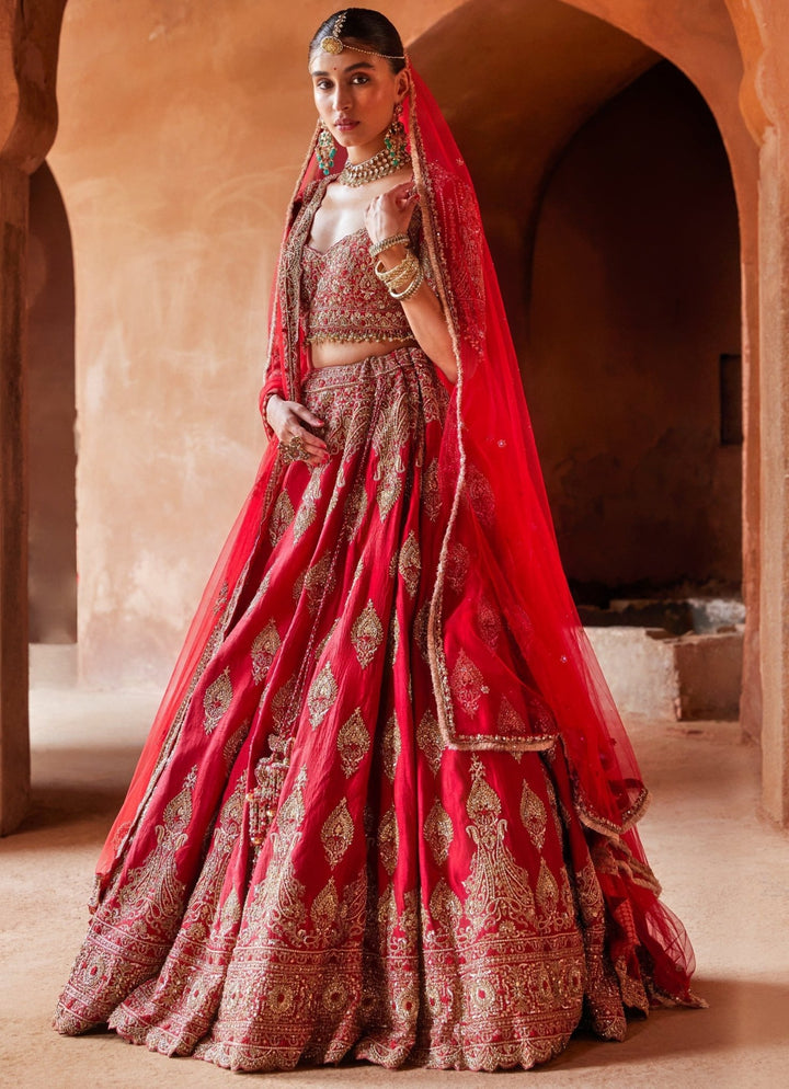 Cardinal Red Bridal Silk Lehenga Set With Gold Work Nitika Gujral - Fabilicious Fashion