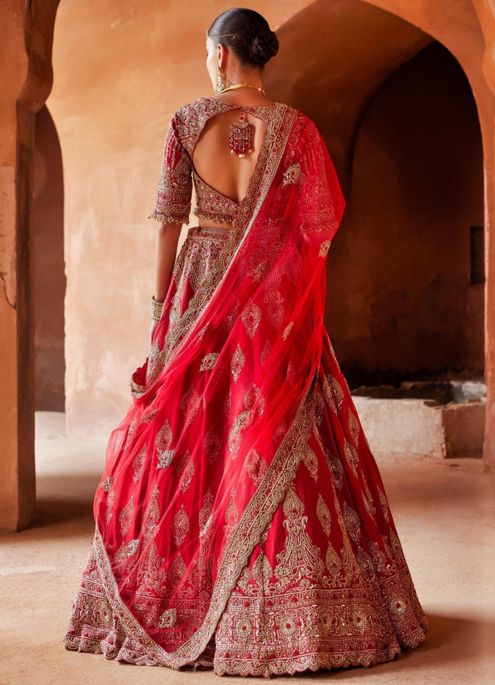Cardinal Red Bridal Silk Lehenga Set With Gold Work Nitika Gujral - Fabilicious Fashion