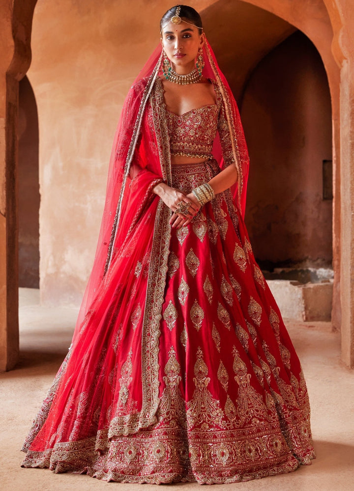 Cardinal Red Bridal Silk Lehenga Set With Gold Work Nitika Gujral - Fabilicious Fashion