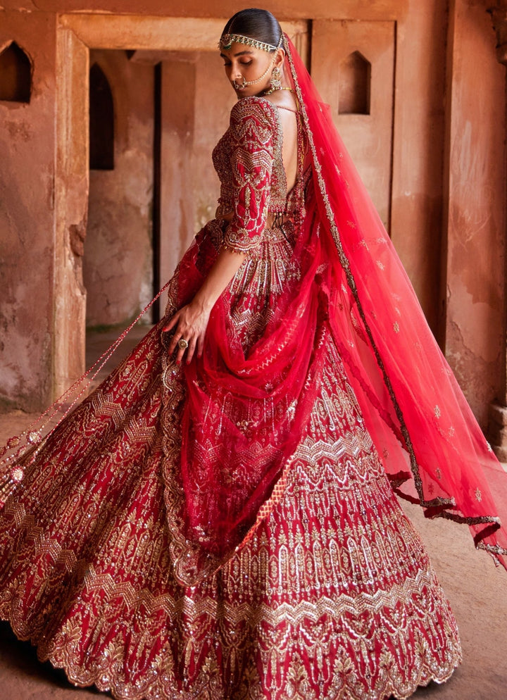 Cardinal Red Bridal Silk Lehenga Set With Scalloped Border Dupatta Nitika Gujral - Fabilicious Fashion