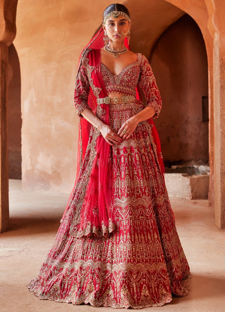 Cardinal Red Bridal Silk Lehenga Set With Scalloped Border Dupatta Nitika Gujral - Fabilicious Fashion