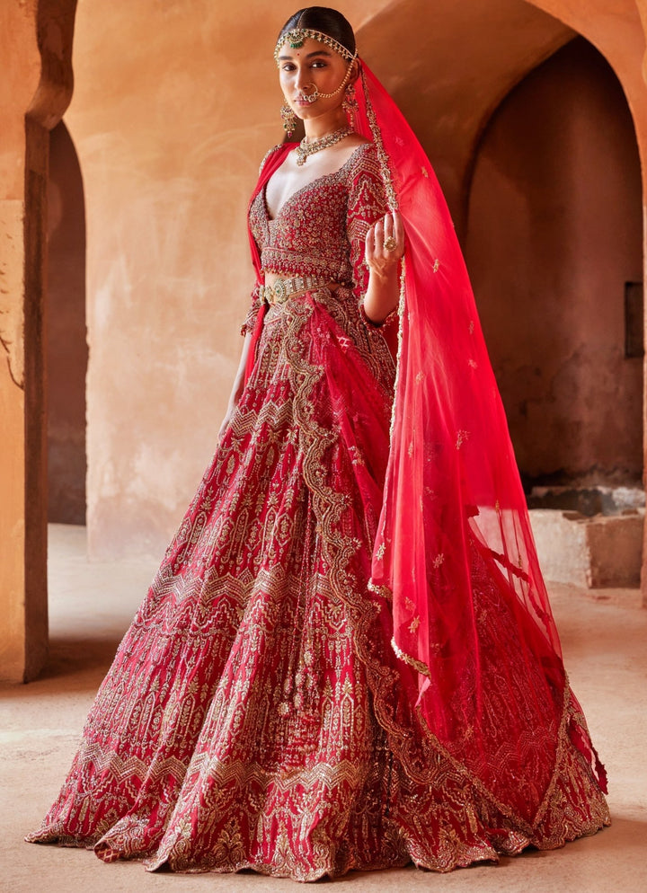 Cardinal Red Bridal Silk Lehenga Set With Scalloped Border Dupatta Nitika Gujral - Fabilicious Fashion