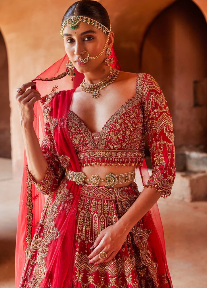 Cardinal Red Bridal Silk Lehenga Set With Scalloped Border Dupatta Nitika Gujral - Fabilicious Fashion
