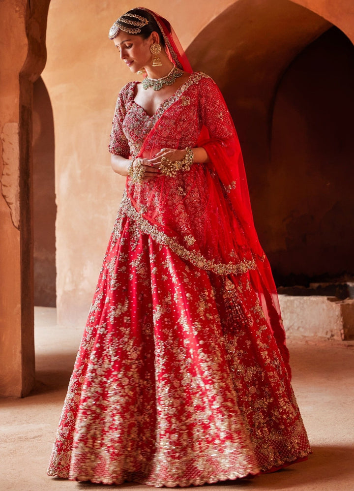 Crimson Red Bridal Silk Lehenga Set With Floral Embellishments Nitika Gujral - Fabilicious Fashion