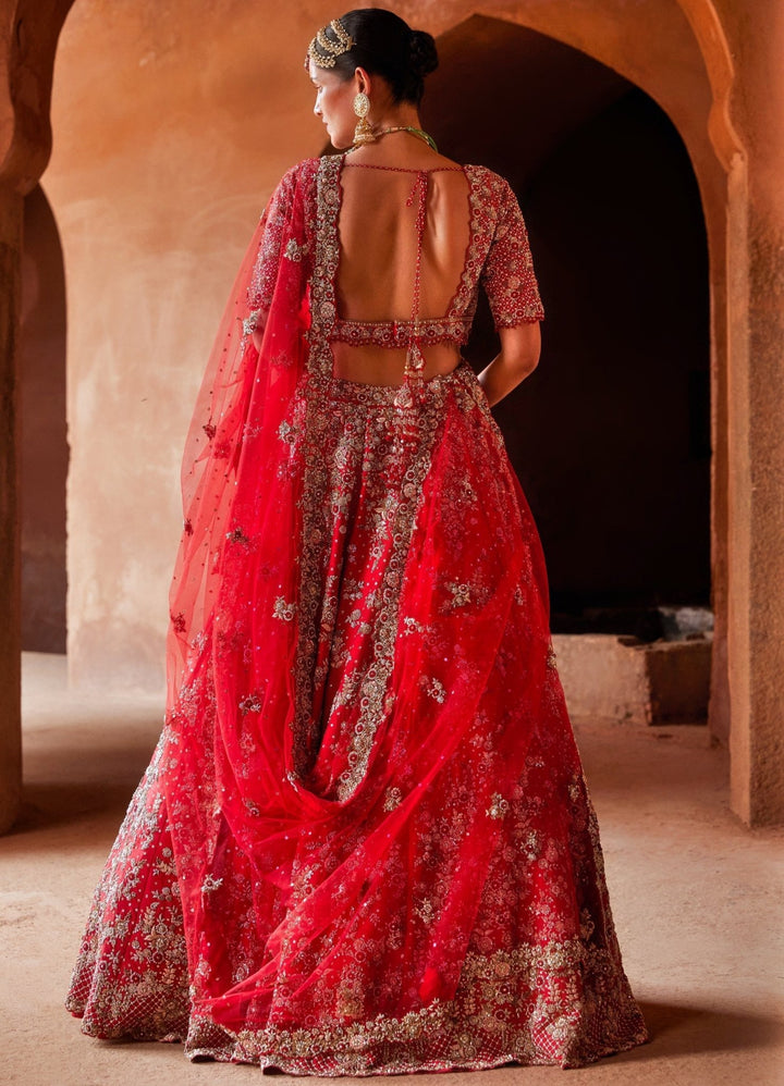 Crimson Red Bridal Silk Lehenga Set With Floral Embellishments Nitika Gujral - Fabilicious Fashion