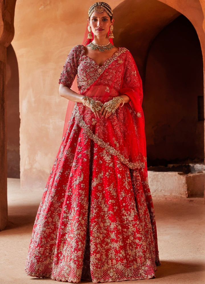 Crimson Red Bridal Silk Lehenga Set With Floral Embellishments Nitika Gujral - Fabilicious Fashion