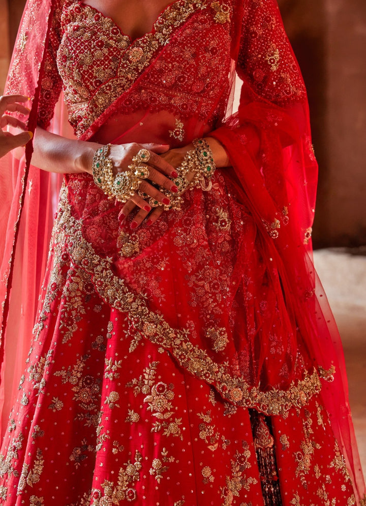 Crimson Red Bridal Silk Lehenga Set With Floral Embellishments Nitika Gujral - Fabilicious Fashion