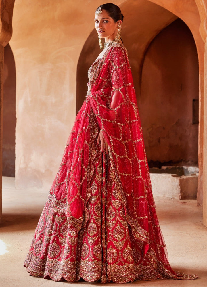 Deep Red Floral Embellished Bridal Silk Lehenga Set Nitika Gujral - Fabilicious Fashion