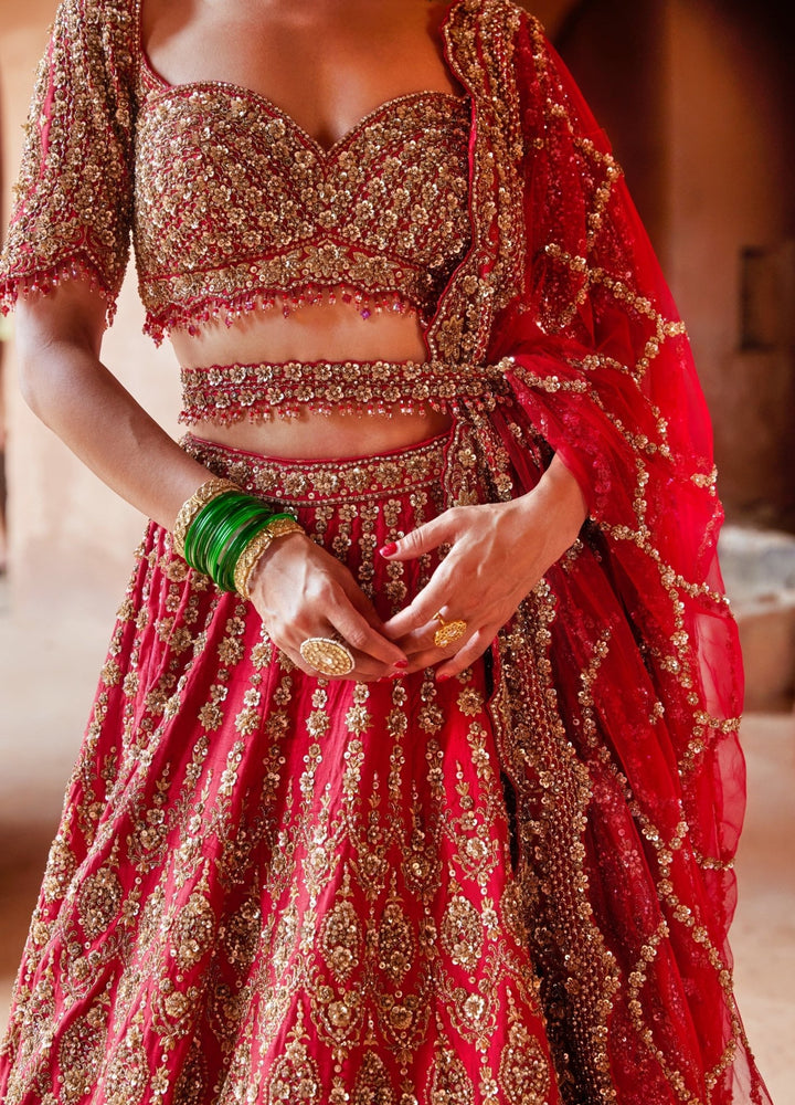 Deep Red Floral Embellished Bridal Silk Lehenga Set Nitika Gujral - Fabilicious Fashion